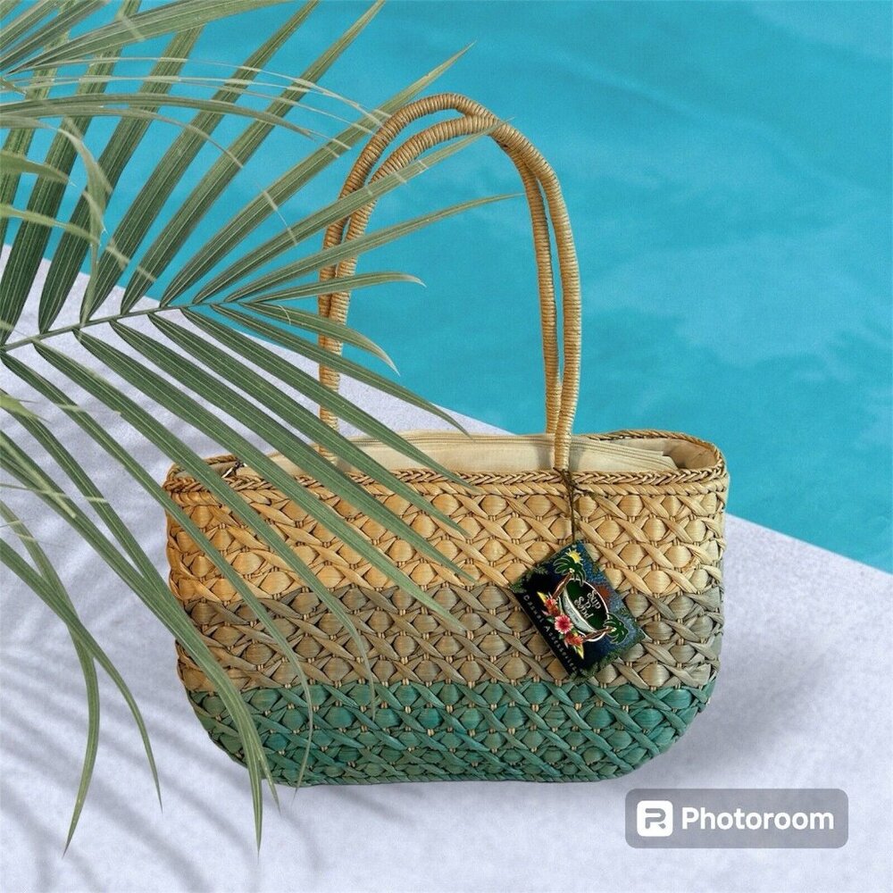 Large Straw Beach Tote Bag Aqua Tan Basket Weave Raffia Tote Tropical Cruise New